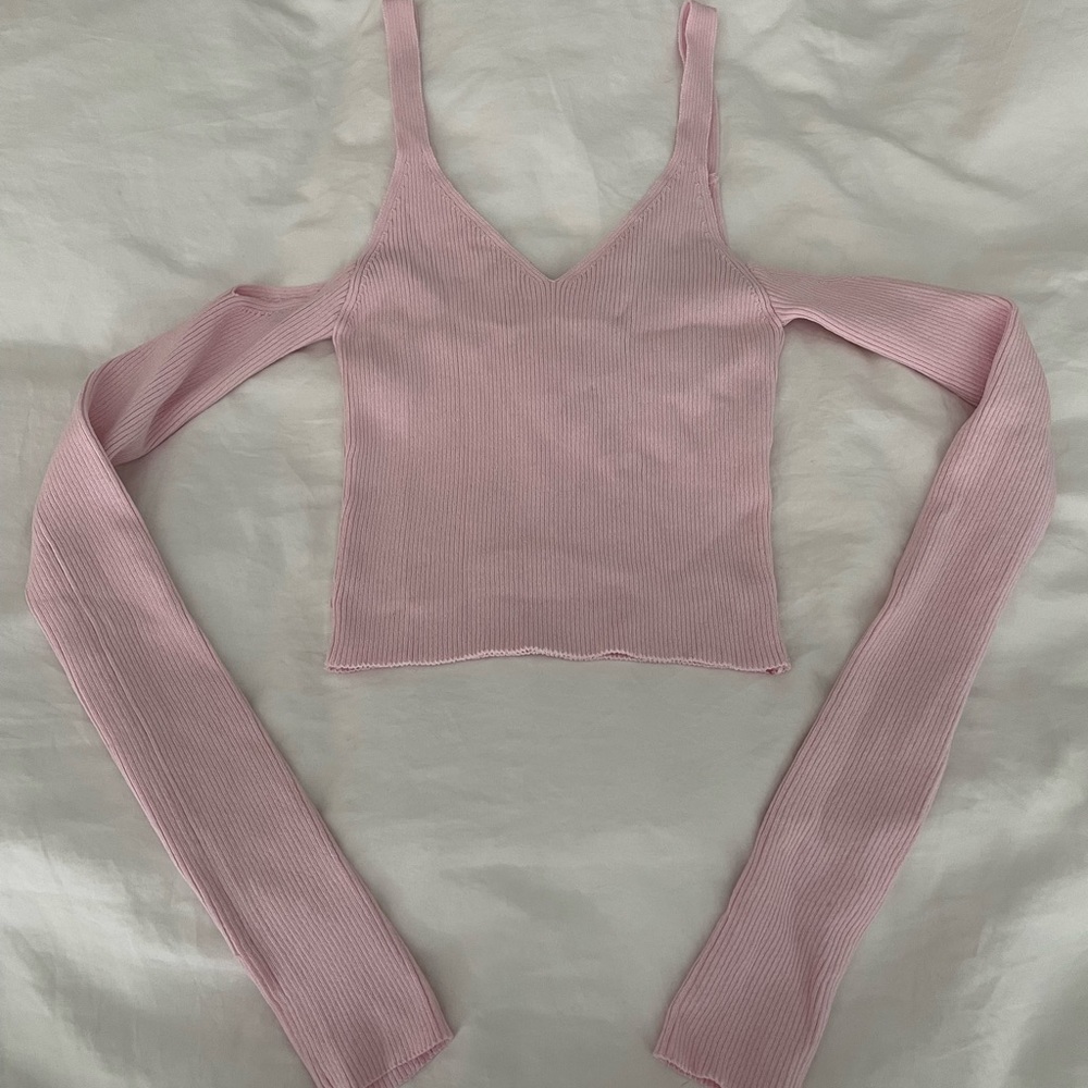 Zara, pink long sleeve peep shoulder crop top, S